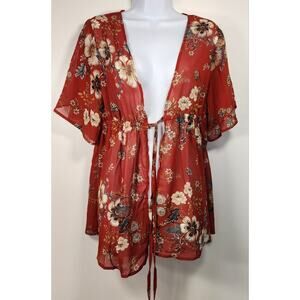 RoomMates Boho Floral Kimono Tie Front Top Red Sheer Festival